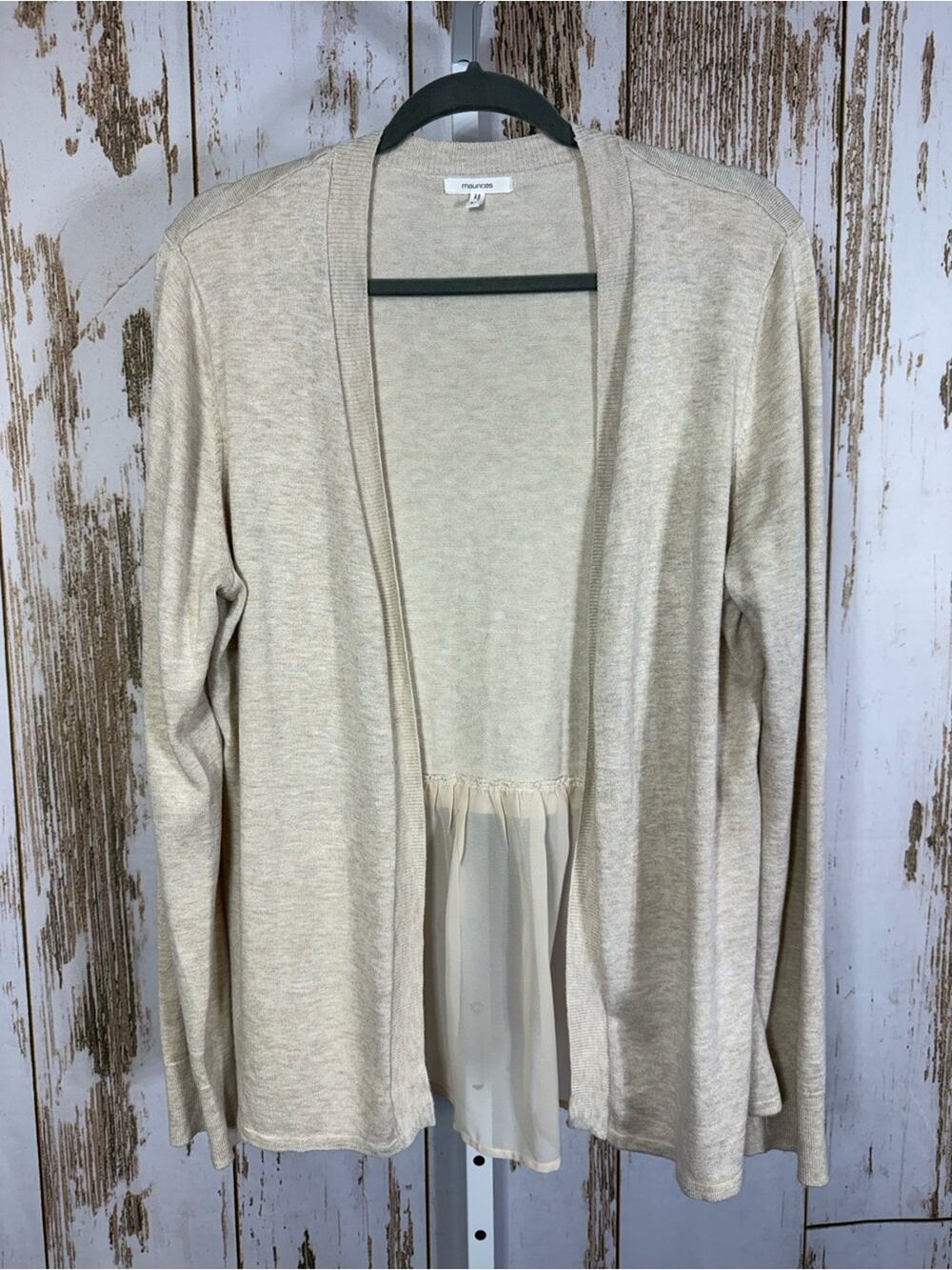 Maurices, Cream Open Front Cardigan, Sheer Flowy Back Panel. Size Large.